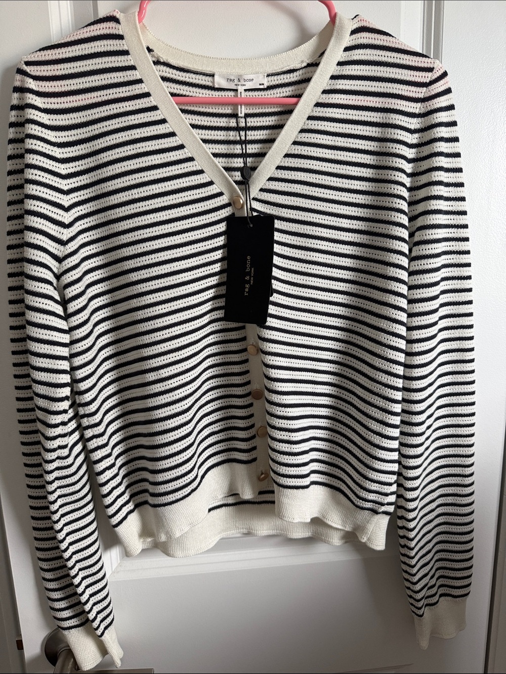 rag & bone Black and White Striped V-Neck Cardigan